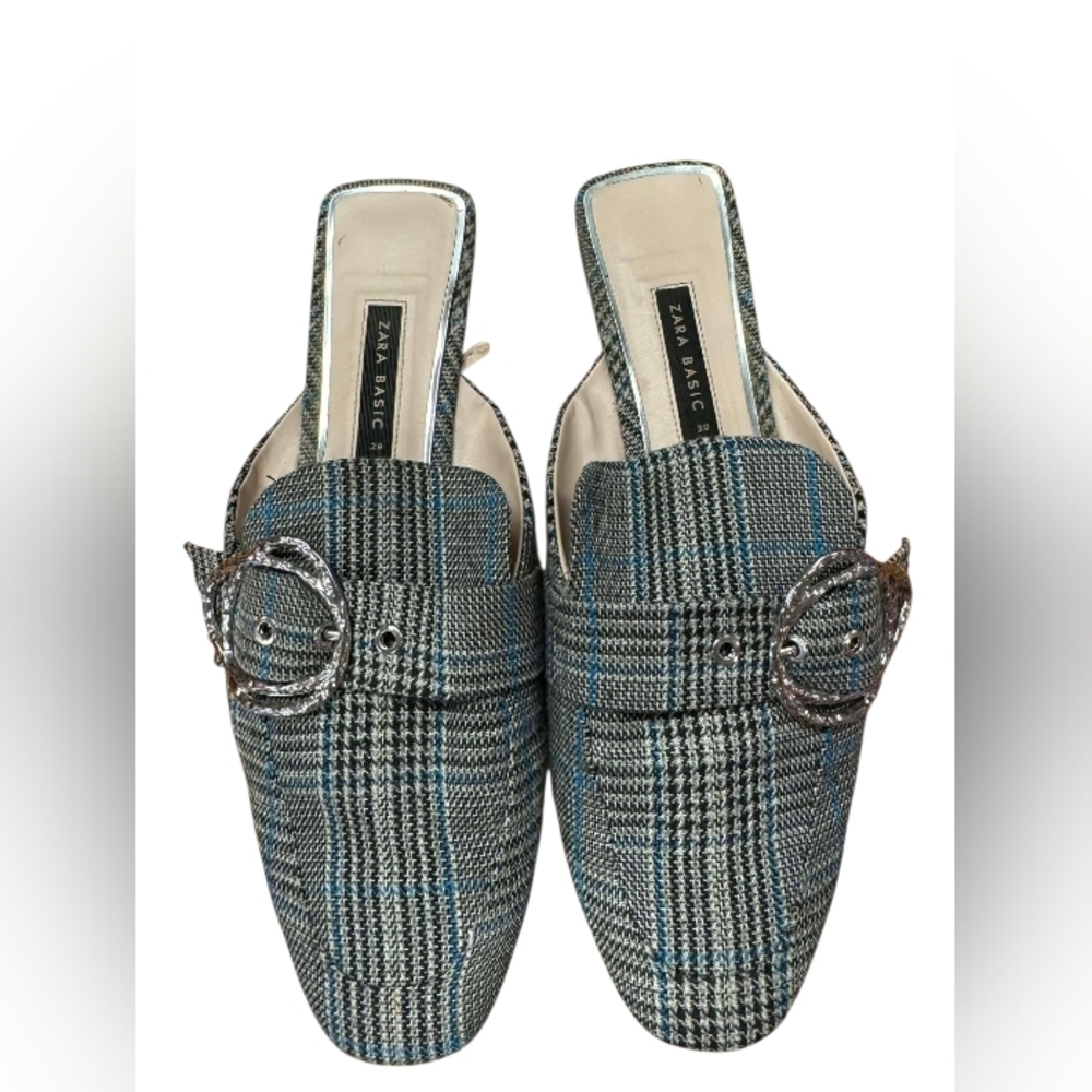 Zara Plaid Mules Slip On Almond Toe Blue/Black/Creme Size 39/8.5